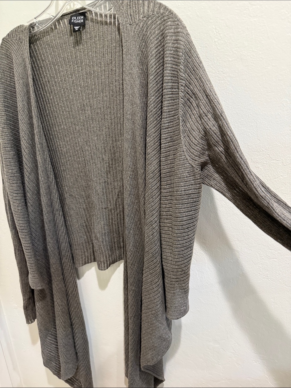 Eileen Fisher Taupe Ribbed Open-Front Draped Cardigan - Picture 3 of 5